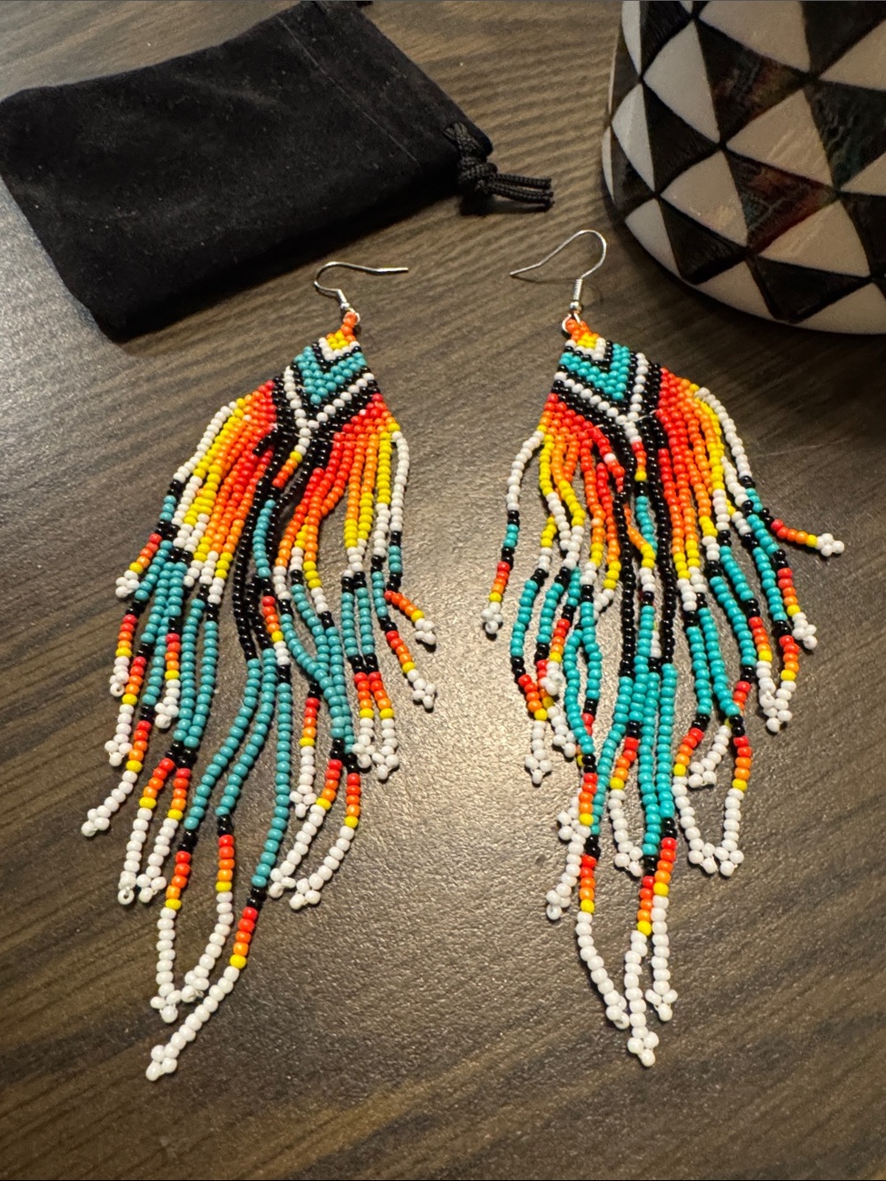 Handmade Multicolor Beaded Fringe Earrings - Turquoise, Red & Yellow